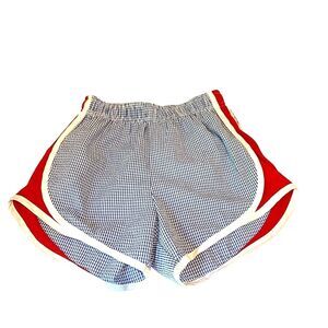 Color Works Boutique Navy Gingham Seersucker shorts w red side panels NWT